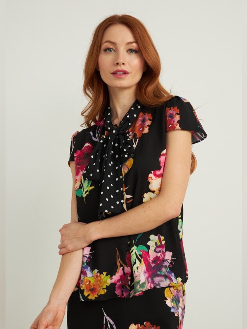 Joseph Ribkoff Floral & Dotted Top Style 212091 Short Sleeve Button Up